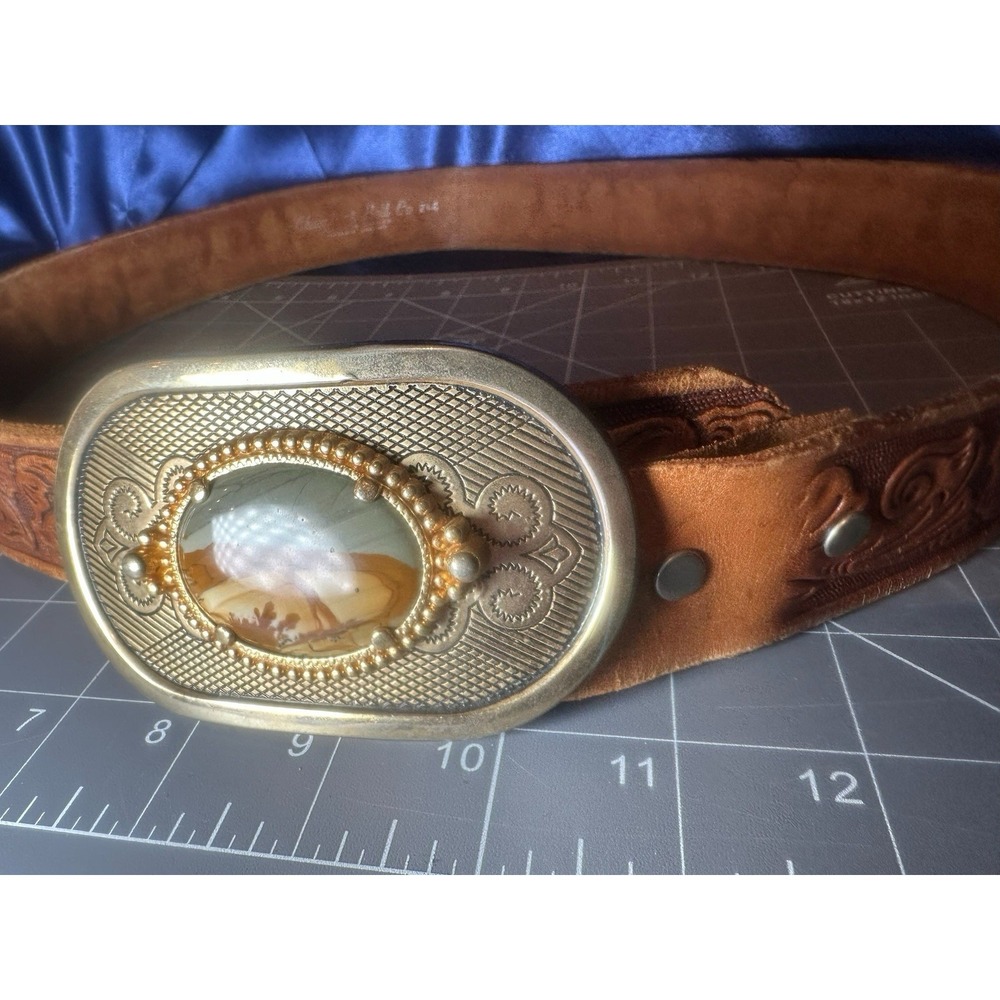 VTG Chambers Belt Co Buckle Brass/Gold Hand Finished Leather Belt 38 Made in USA - Picture 8 of 9